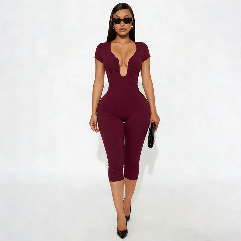 J25Jp479 European and American Cross-Border Women's Clothing Spring and Summer U-Shaped Neckline with Sleeves, Solid Color, Elastic Zipper, Three-Quarter Length Jumpsuit - Image 3