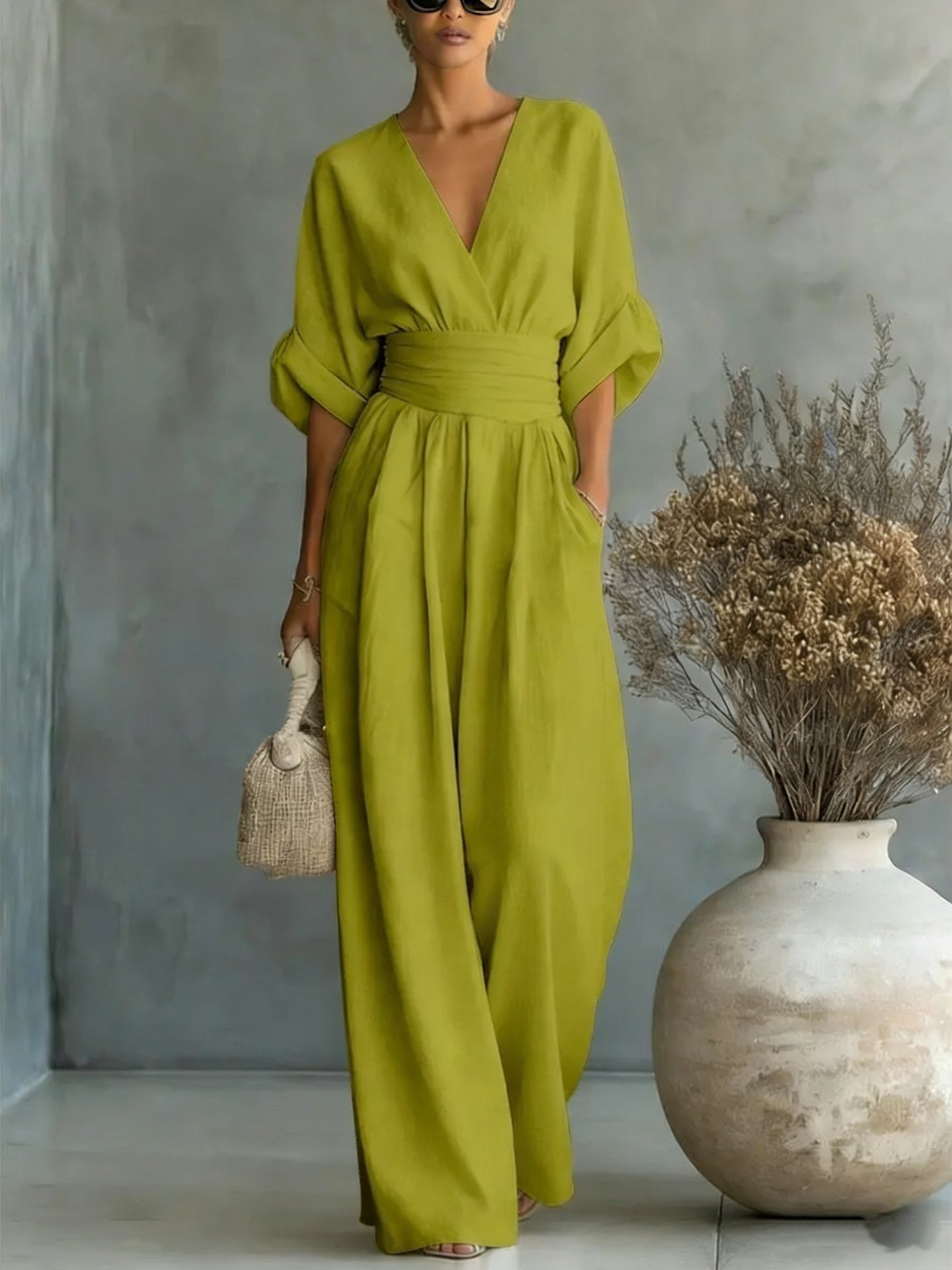 In-Stock 2026 European and American Cross-Border Spring/Summer New Amazon Elegant Waist-Cinching V-Neck Stylish Women's Jumpsuit - Image 5