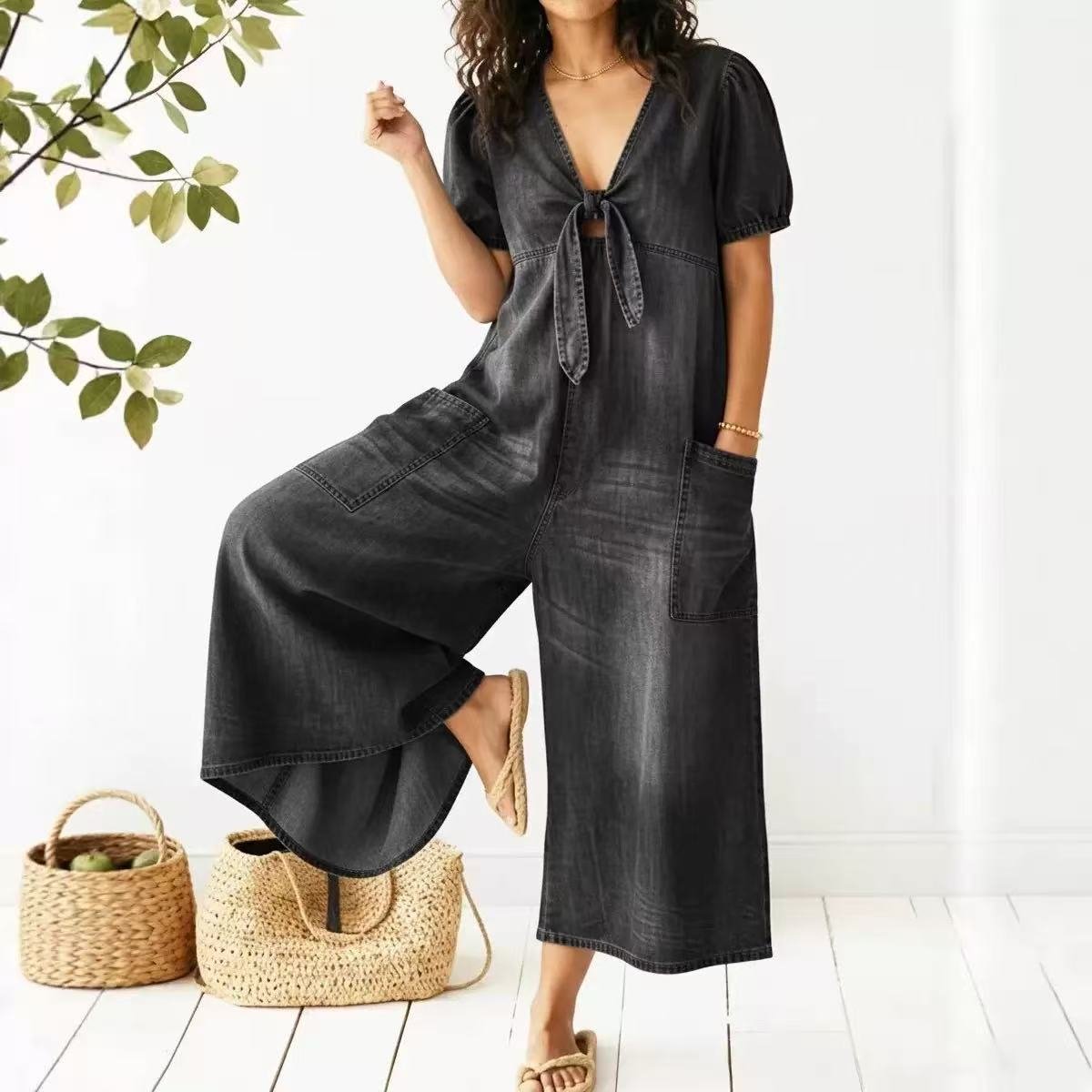 New European and American Style Spring/Summer Women's Casual Loose Short-Sleeve V-Neck Washed Denim Pocket Jumpsuit Yx2026046 - Image 5