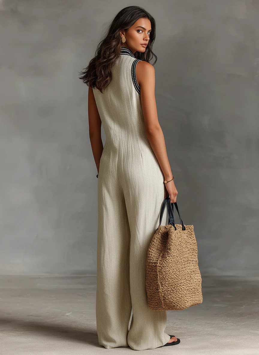 In Stock 2026 European and American Style Women's Simple Linen Blend Sleeveless Jumpsuit with Zipper and Stand-Up Collar - Image 3