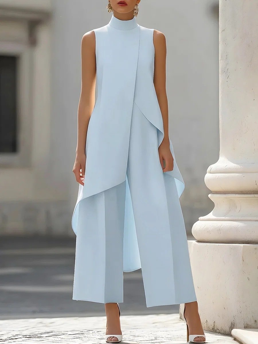 2026 European and American Fashion New Style, Slim-Fit Irregular Design for Work, Elegant High-Neck Sleeveless Faux Two-Piece Jumpsuit - Image 2