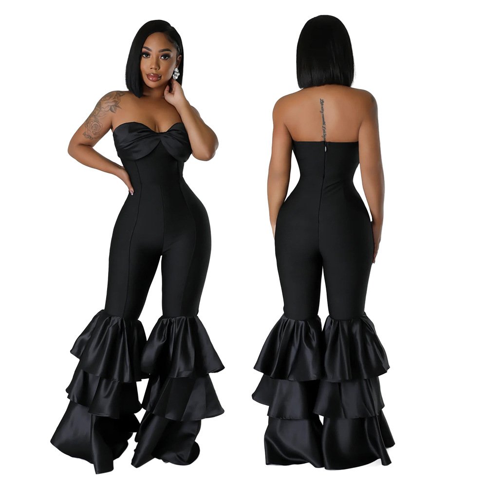 New Fashion Sexy Strapless Solid Color Pleated Lace Jumpsuit Women