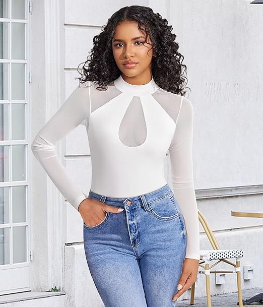 Cross-Border Amazon New Long-Sleeved Bottoming Shirt European and American Style Solid Color Semi-Circular Collar Sexy Mesh Splicing See-Through Jumpsuit - Image 6
