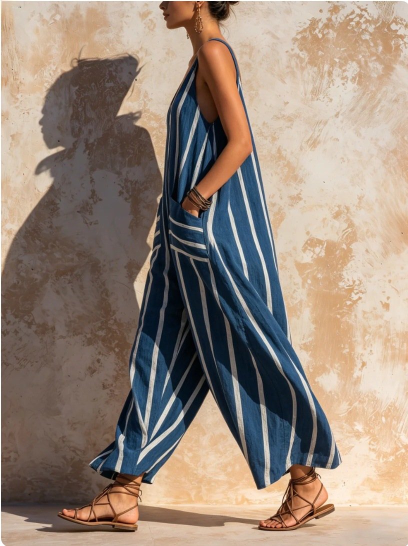 Amazon Cross-Border European and American Style Blue and White Vertical Striped V-Neck Suspender Jumpsuit Loose Wide-Leg Cotton and Linen Jumpsuit - Image 7