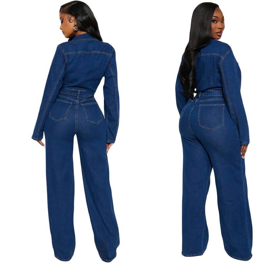 3587 Trade European and American Cross-Border Amazon Slim Stretch Flared Washed Long-Sleeve Denim Jumpsuit - Image 2