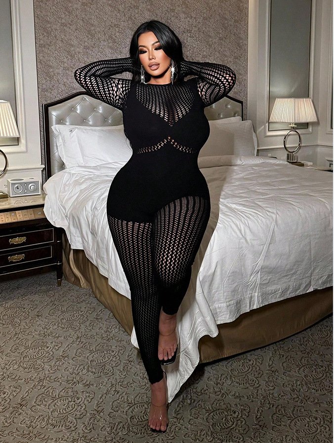European and American Cross-Border Foreign Trade One-Piece Tight-Fitting See-Through Long-Sleeve Thick Knit Plus Size