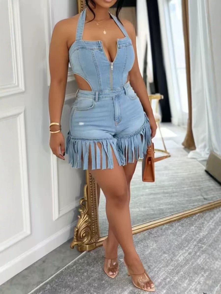 2026 Amazon European and American Women's Fashion Cross-Border New Style Denim Jumpsuit with Fringe and Fringe Trim - Image 4