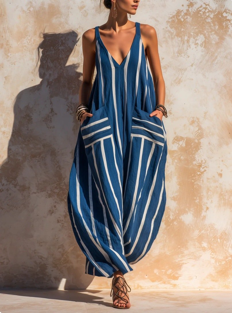 Amazon Cross-Border European and American Style Blue and White Vertical Striped V-Neck Suspender Jumpsuit Loose Wide-Leg Cotton and Linen Jumpsuit - Image 5