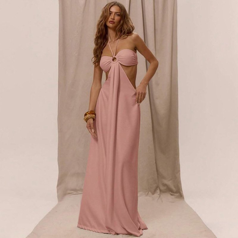 European and American Style 2026 Summer New Cross-Border Vacation Style Sexy Hollow-Out Solid Color Halter Tie Slim-Fit Jumpsuit for Women - Image 4