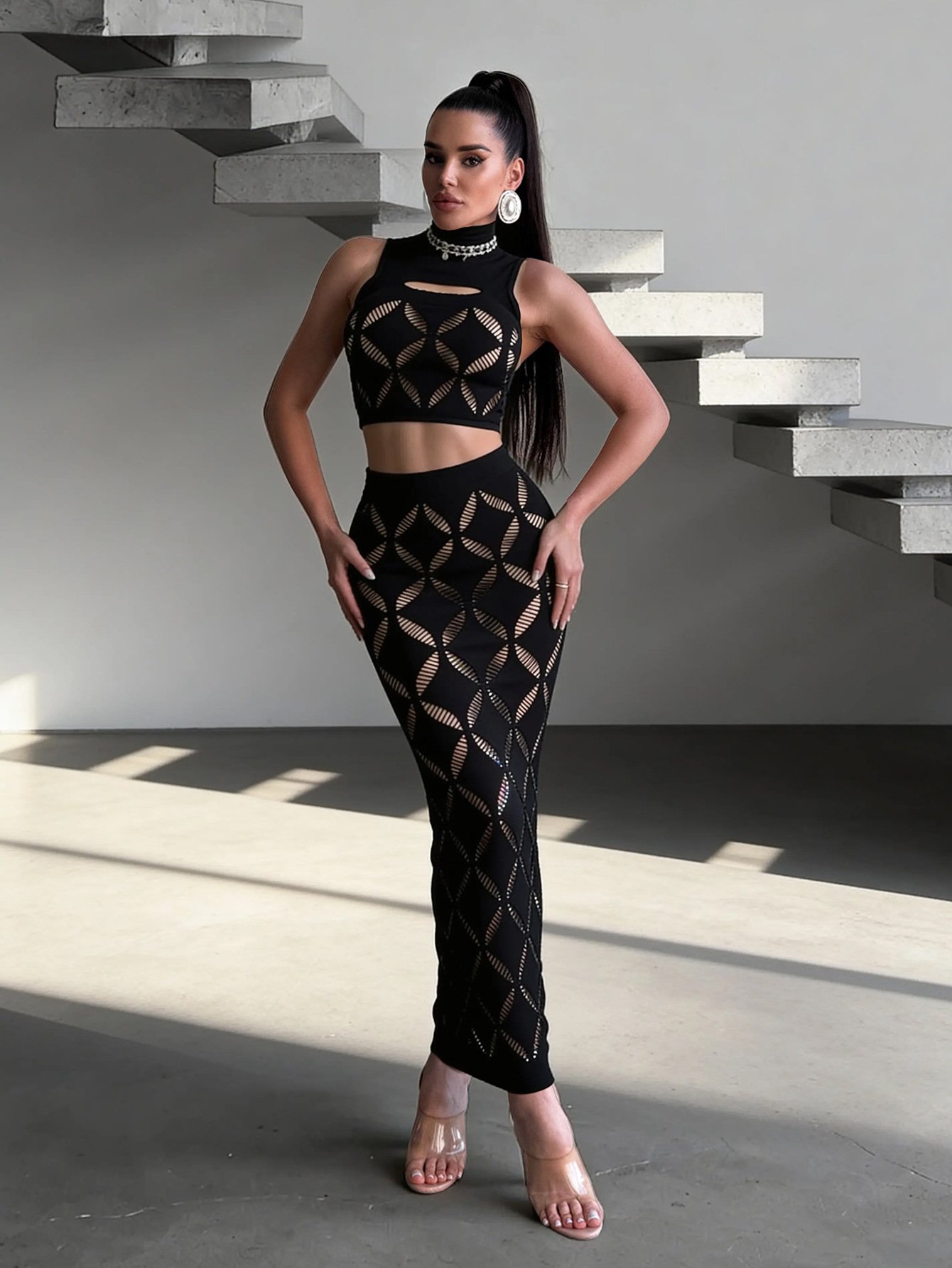 2026 European and American Style Hollow-Out Thick High-Stitch Two-Piece Set Bodycon Skirt High-Neck Bodysuit Hot Girl Nightclub Party Outfit