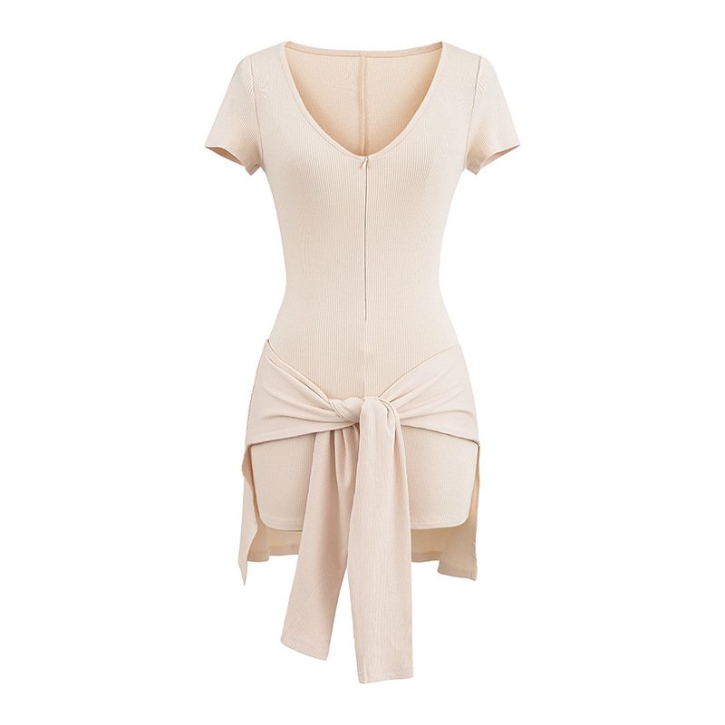 25017-Sexy 2025 New Short-sleeved Jompsuit Women's American Style Spice Girl Fashion V-neck Two-piece Bottoming Shorts - Image 2