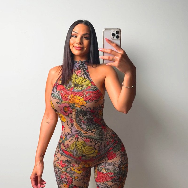 D9540 Amazon European and American Hot-Selling Women's Clothing Sexy and Fashionable Mesh Floral Print Tight-Fitting Backless Jumpsuit - Image 4