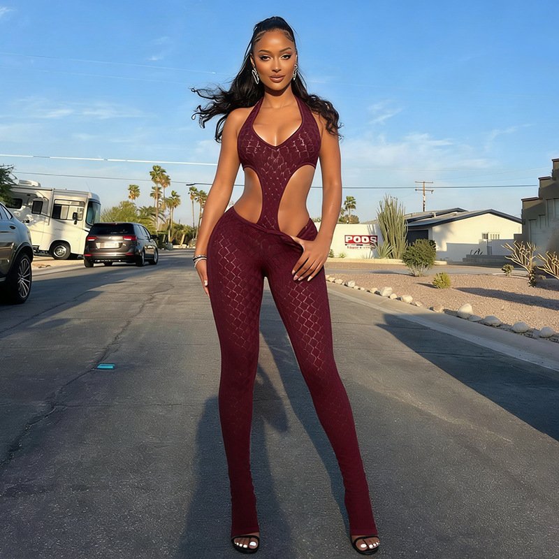 J26Jp067 Foreign Trade European and American Style New Sexy Hot Girl Solid Color See-Through Slim Fit Slimming Knit Deep V Jumpsuit - Image 3