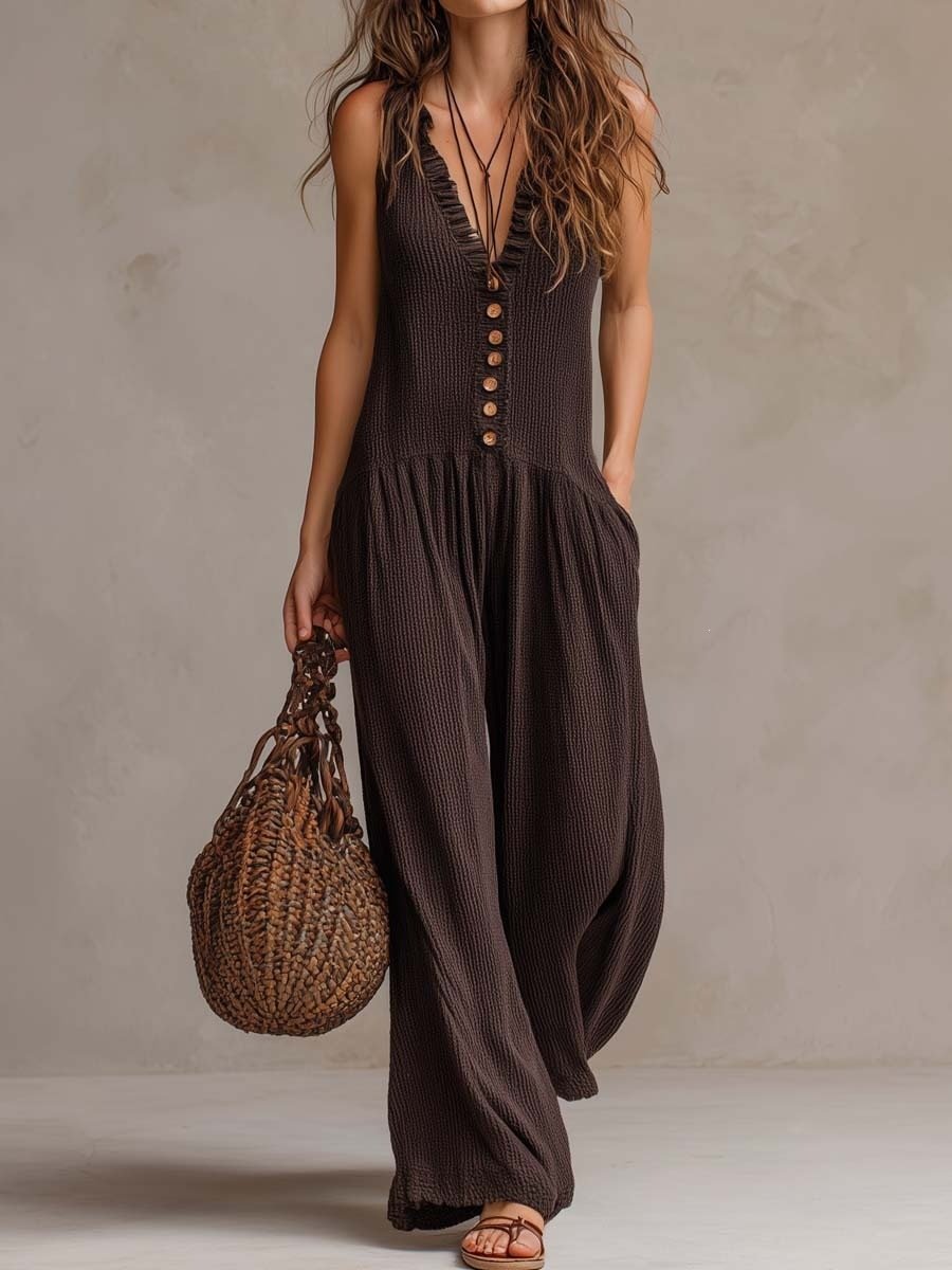 2026 European and American Cross-Border Amazon Women's New Loose Bohemian Style V-Neck Wide-Leg Slim-Fit Jumpsuit - Image 3