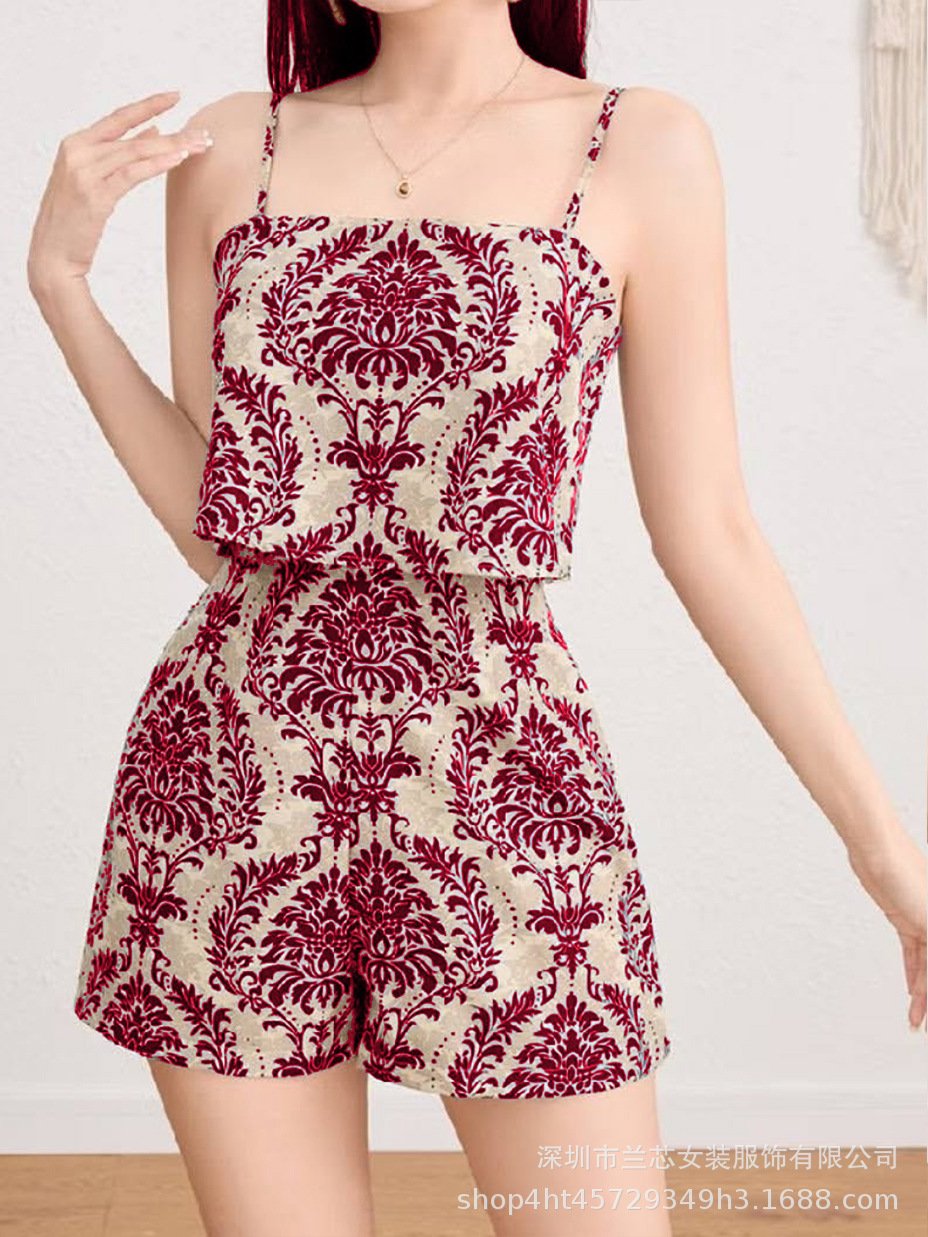 【Standard Code】Vintage Ethnic Style Printed Fake Two-Piece Suspender Jumpsuit Shorts Women's Summer Wide-Leg Pants - Image 2