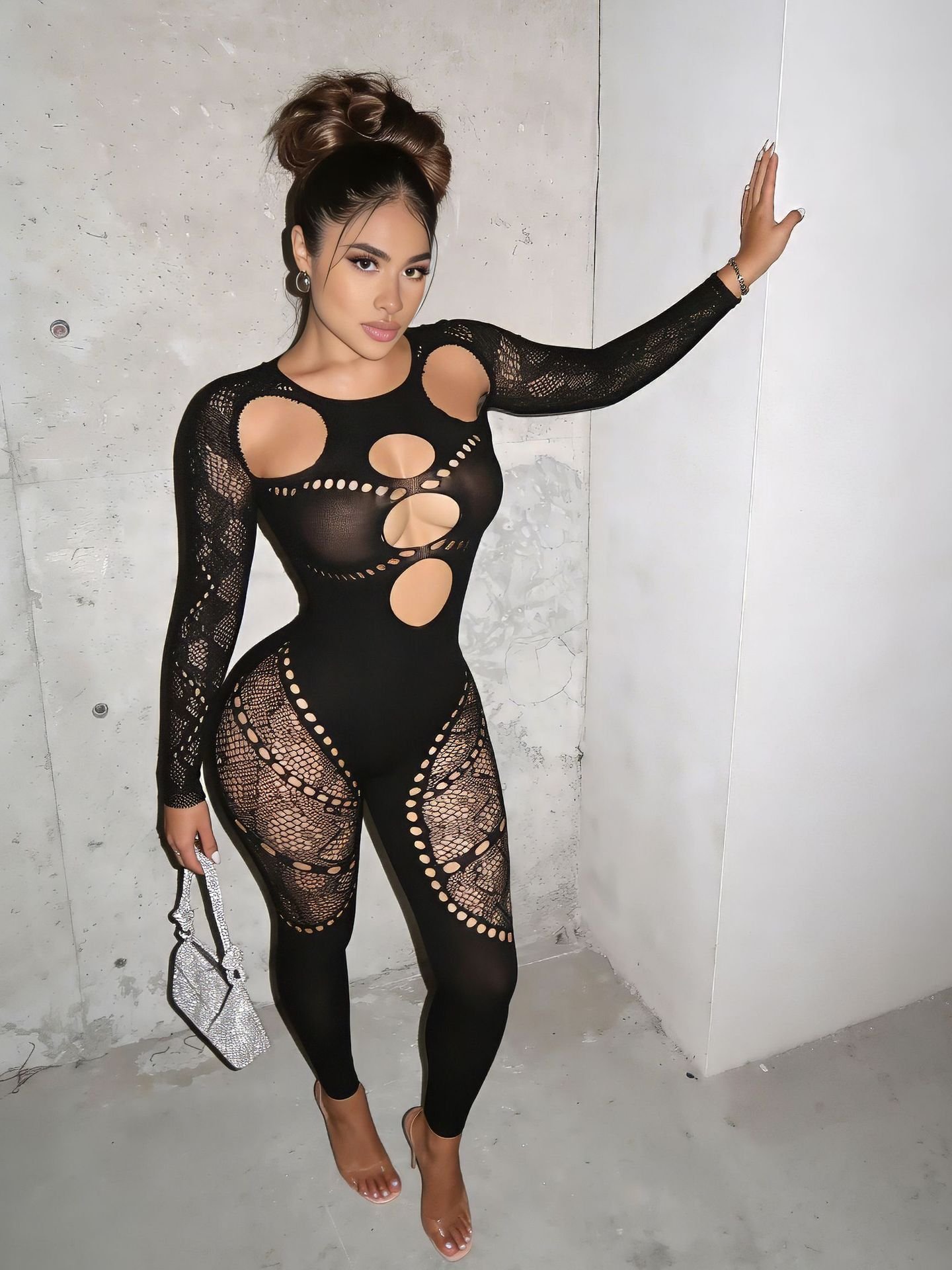 Vacation Style Sexy Hollow-Out High-Waisted Slim-Fit Thickened Jumpsuit for Women, High-End Outerwear Jumpsuit - Image 4