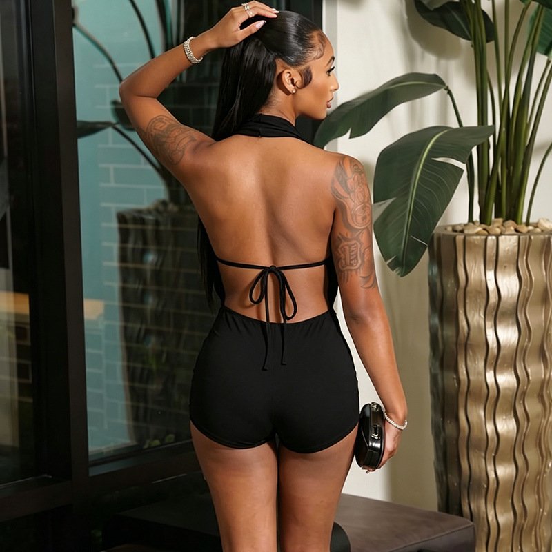 D26Rp210 European and American Style New Fashion Women's Clothing, Sexy Halter Neck, Deep Backless, Sleeveless One-Piece Shorts - Image 8