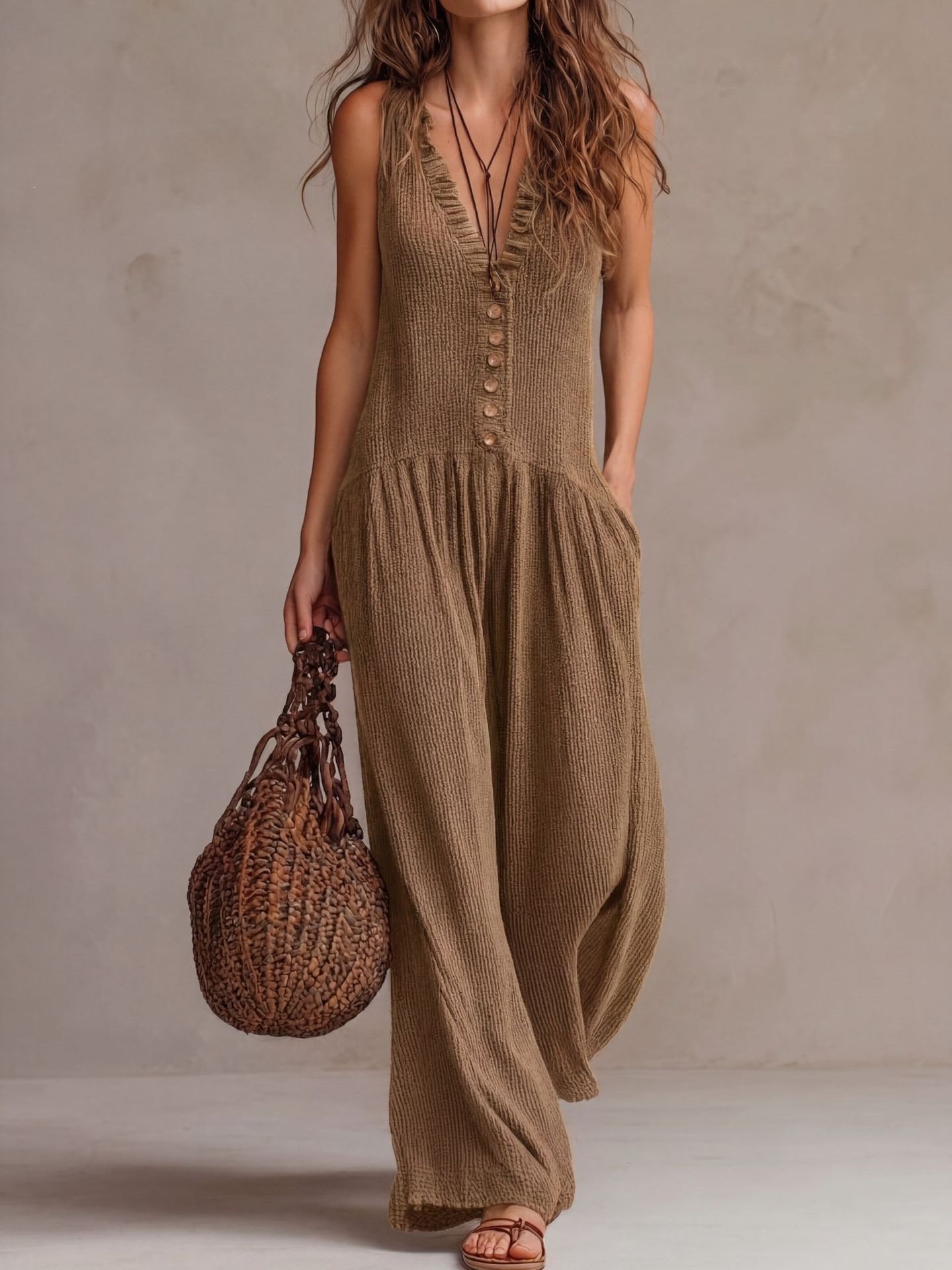 2026 European and American Cross-Border Amazon Women's New Loose Bohemian Style V-Neck Wide-Leg Slim-Fit Jumpsuit - Image 2