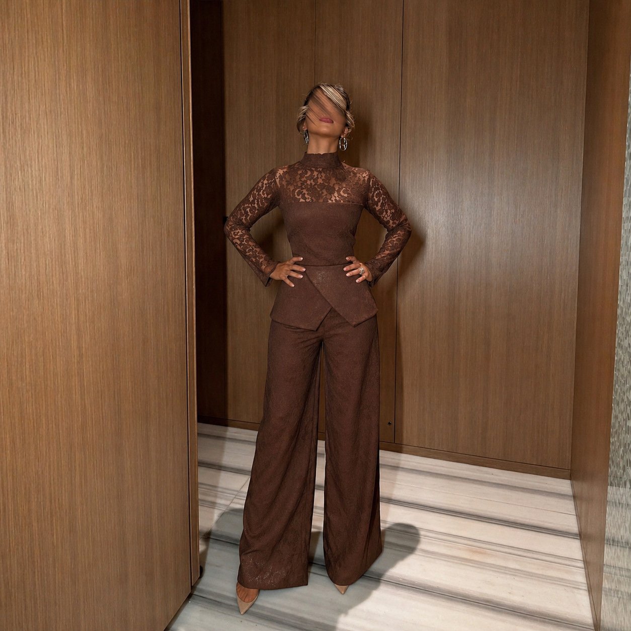 2026 Spring/Summer European and American Cross-Border Amazon Independent Site French-Style Sexy Lace Patchwork High-Neck Long-Sleeve Jumpsuit - Image 4