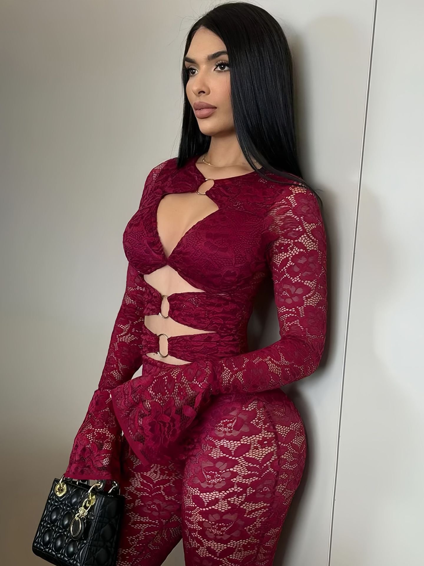 Cross-Border 2025 Sexy Deep V Ring-Tie Bell-Sleeve Tight-Fitting Nightclub Party Jumpsuit Set