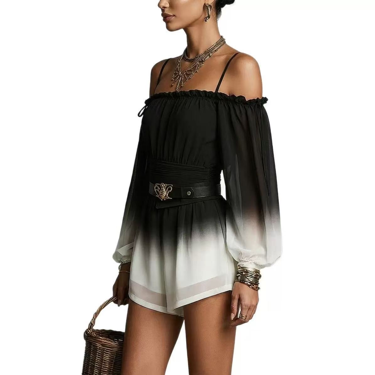 2026 Summer European and American Cross-Border~New Off-Shoulder Gradient Jumpsuit with Sexy Tie-Waist Fashionable Shorts with Belt - Image 4