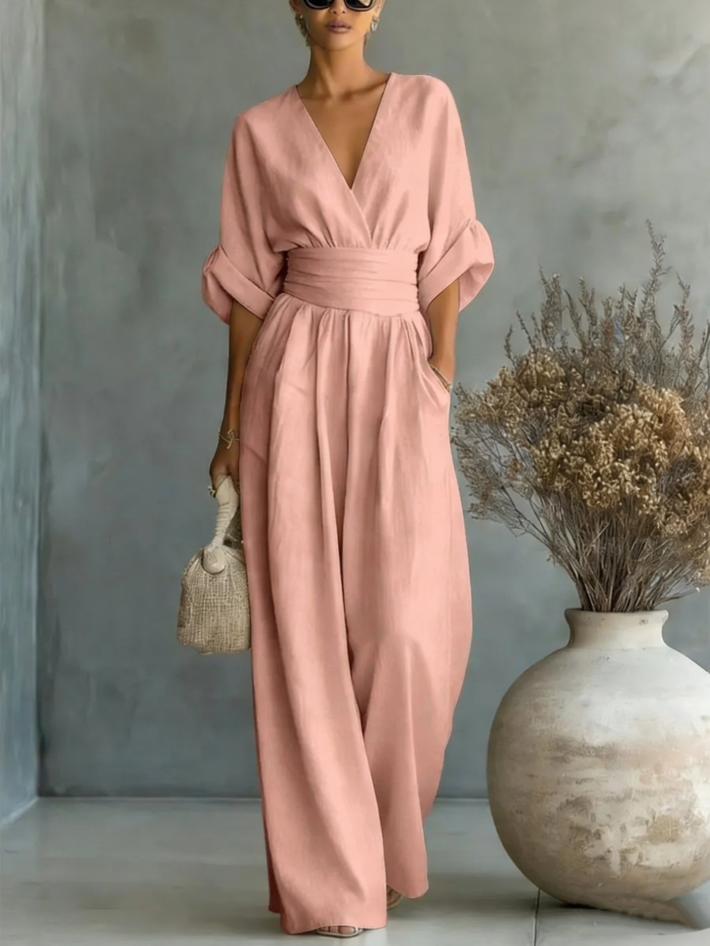 In-Stock 2026 European and American Cross-Border Spring/Summer New Amazon Elegant Waist-Cinching V-Neck Stylish Women's Jumpsuit - Image 4
