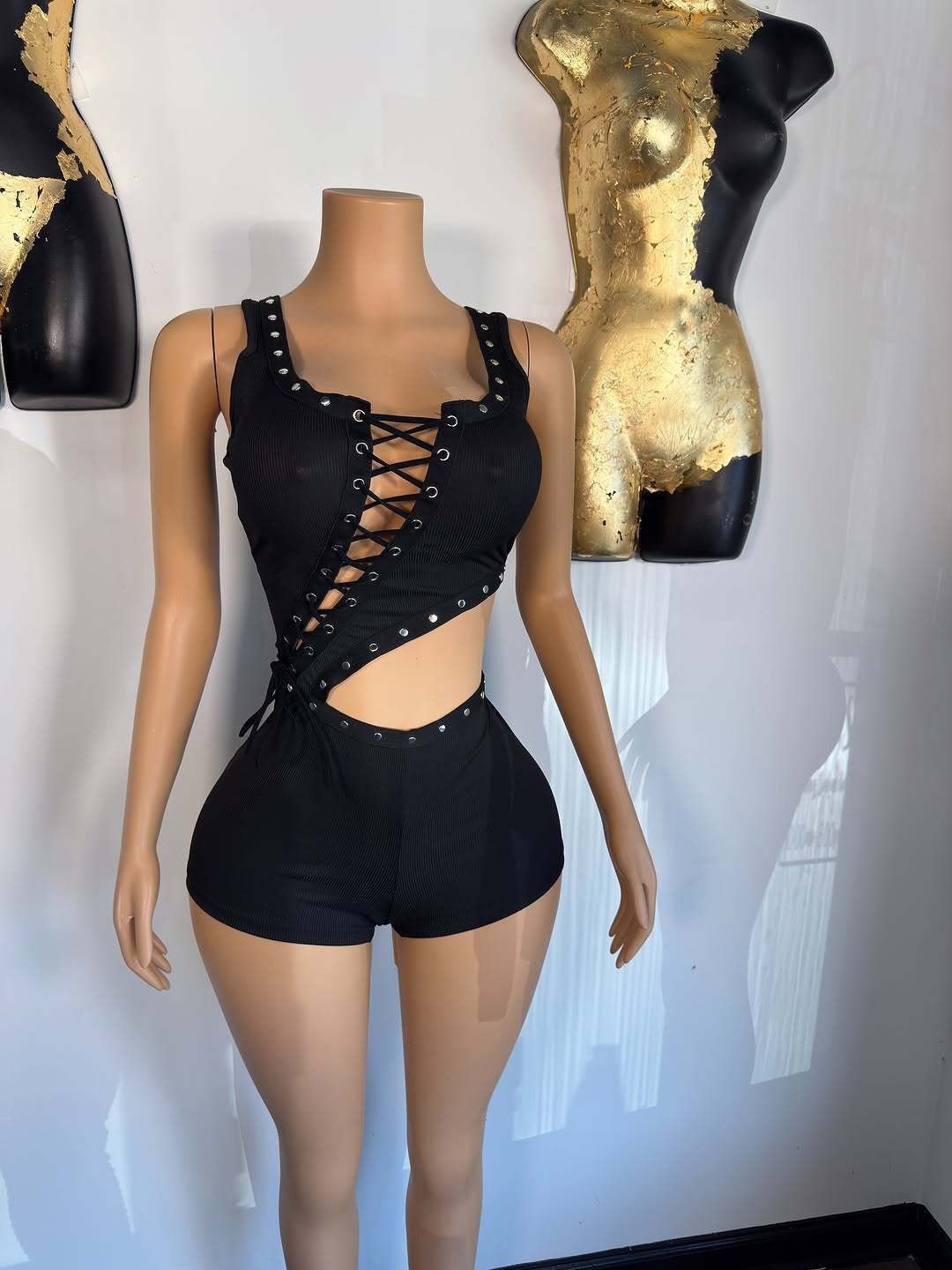 1429 Fashion Tie-Up Sexy Crop Top Asymmetrical Tank Romper - Image 3