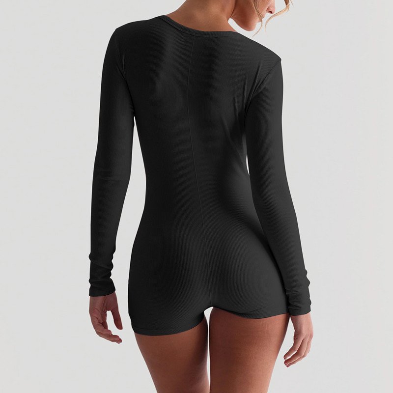 European and American Style 2026 Spring New Cross-Border Ribbed Solid Color U-Neck Buttoned Tight-Fitting Sports Yoga Jumpsuit Wholesale - Image 3