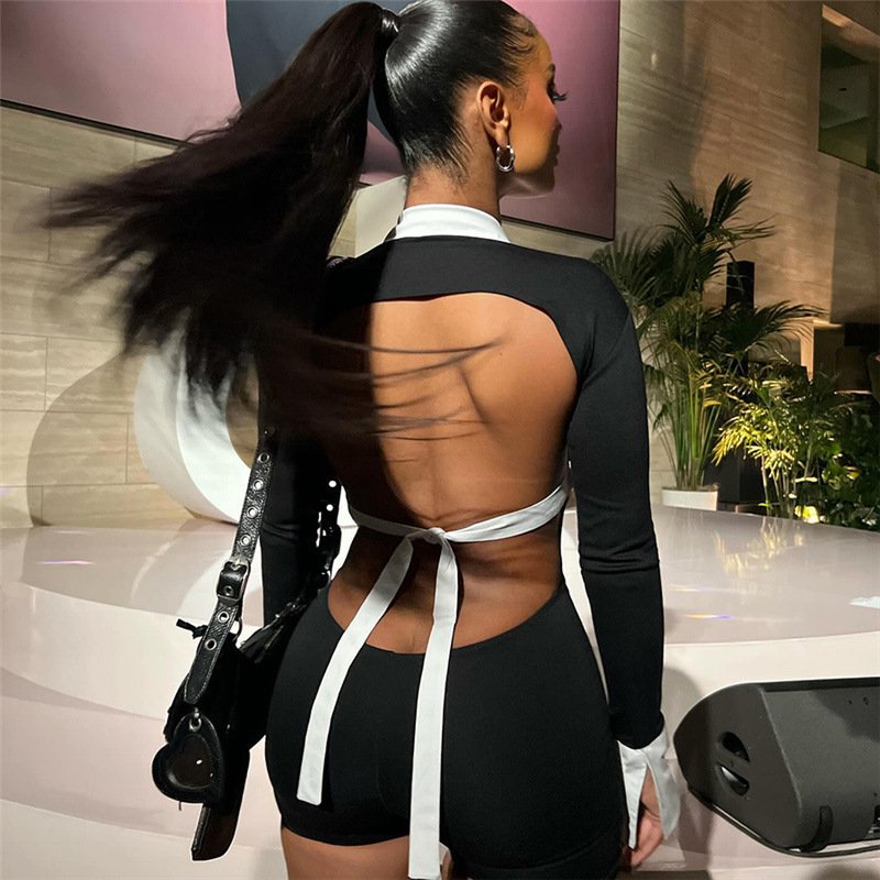 D9724 Amazon Europe and the United States best selling women's fashion sexy lapel hollow backless color contrast slim jumpsuit - Image 5