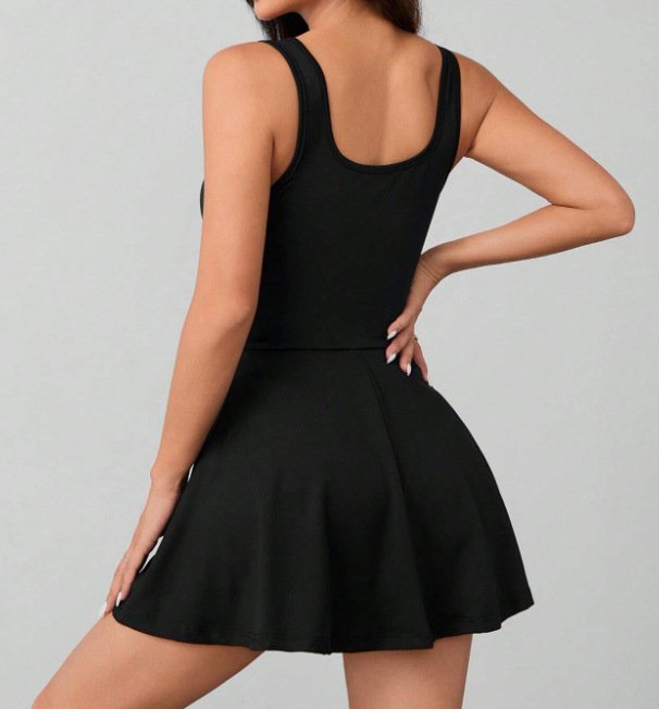 European and American 2025 Cross-Border Amazon Skirt-Style One-Piece Backless Solid Color Tank Top Anti-Exposure Sports Fitness Casual Style - Image 3