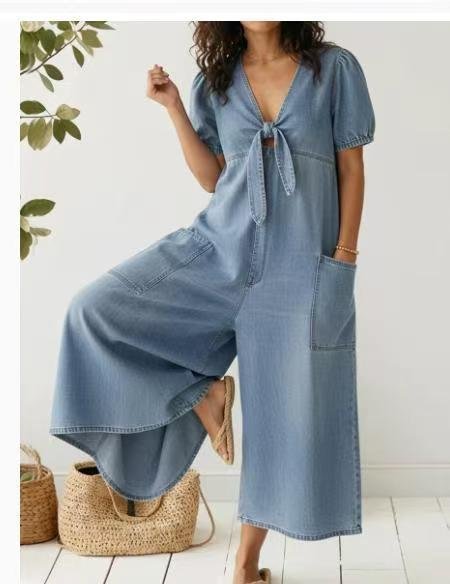 New European and American Style Spring/Summer Women's Casual Loose Short-Sleeve V-Neck Washed Denim Pocket Jumpsuit Yx2026046 - Image 3