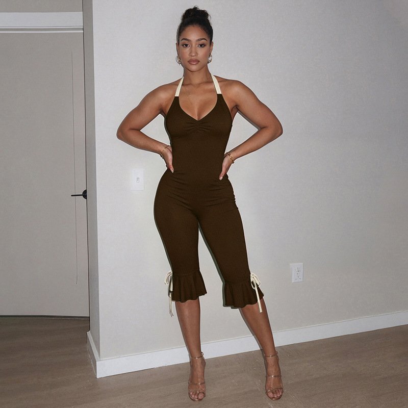 C26Jp028 European and American 2026 Spring and Autumn New Style Halter Neck Fashion Solid Color Sexy Slim Fit Jumpsuit - Image 2