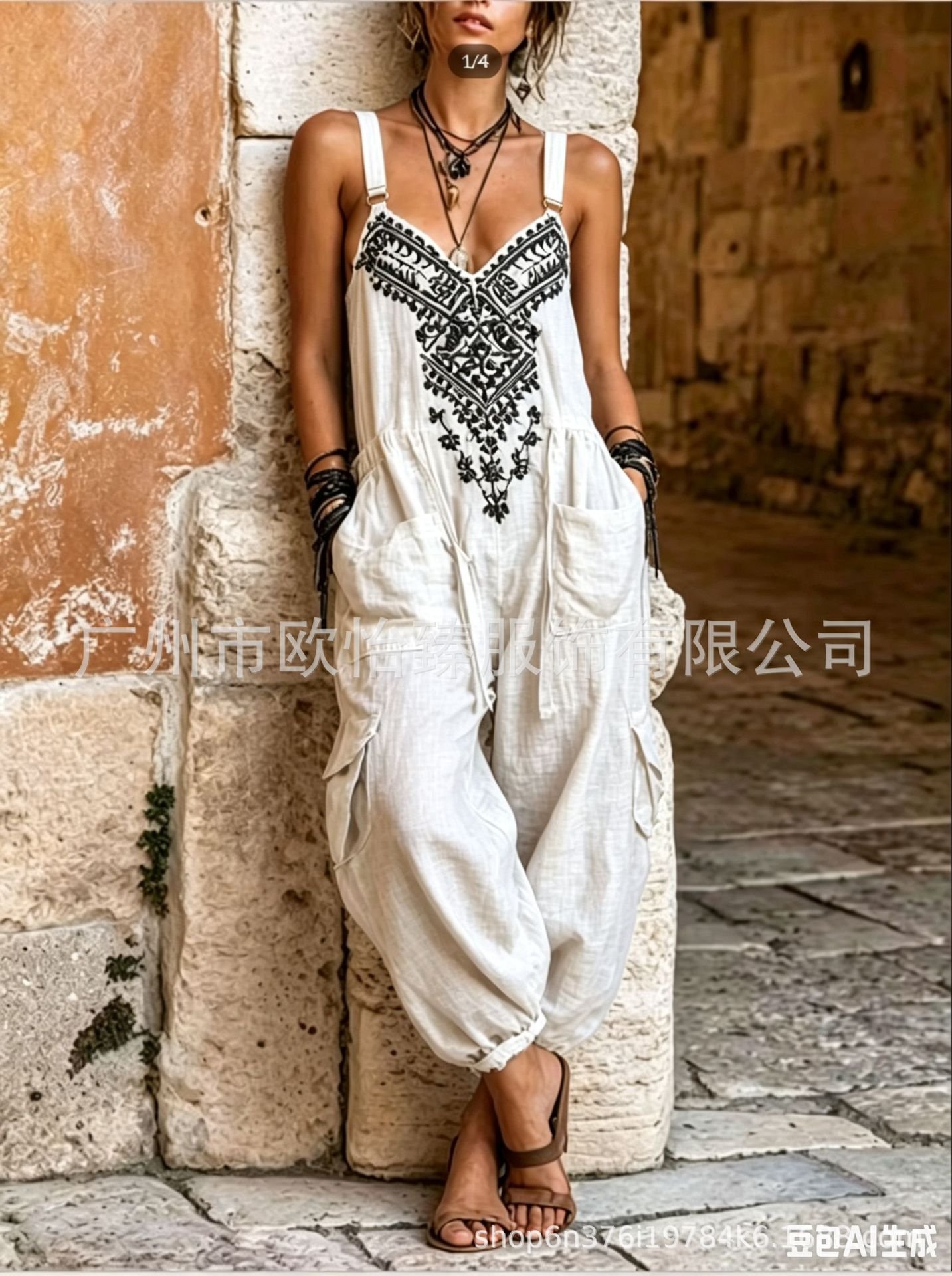 European and American Independent Websites Amazon Aliexpress 2026 Summer New Women's Printed V-Neck Sleeveless Strap Jumpsuit - Image 4
