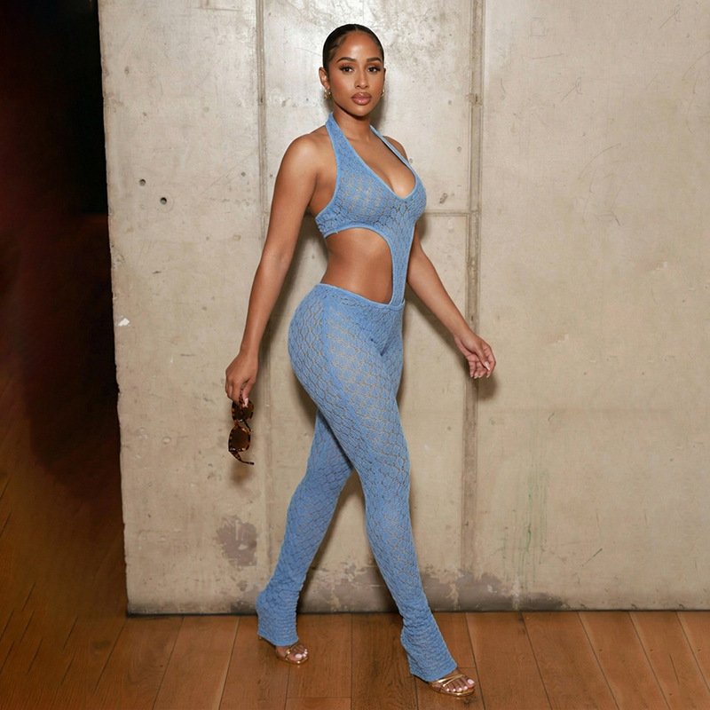 J26Jp067 Foreign Trade European and American Style New Sexy Hot Girl Solid Color See-Through Slim Fit Slimming Knit Deep V Jumpsuit - Image 11