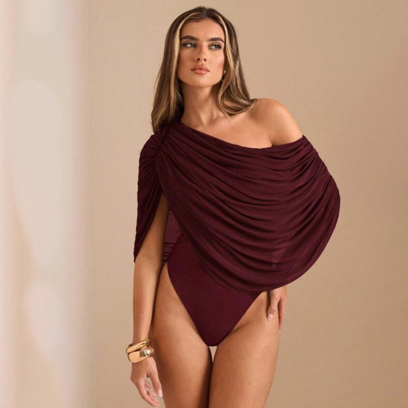 C26Bs029 European and American Women's Clothing Summer New Solid Color Casual Off-Shoulder Sleeveless Slim Mesh Ruched Jumpsuit for Women