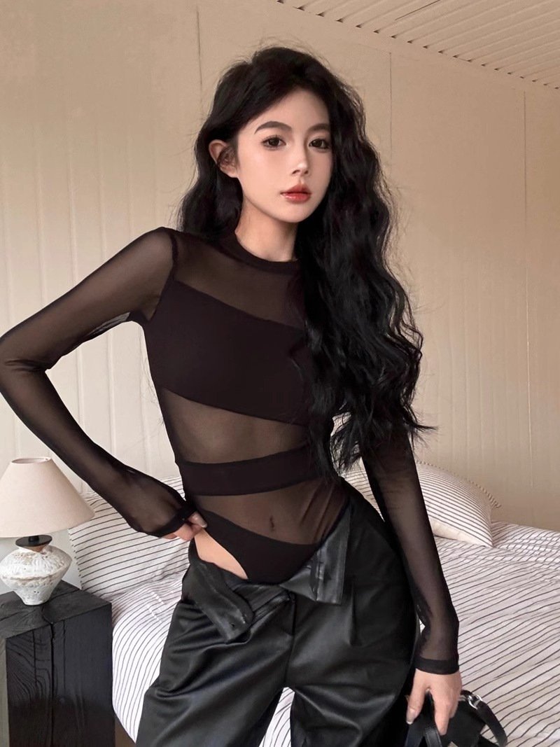 Foreign Trade Cross-Border Spring and Summer New Sexy Sexy Mesh Splicing Bottoming Shirt Women's Slim Fit Inner Cut Out One-Piece Top Price Starting quantity - Image 2