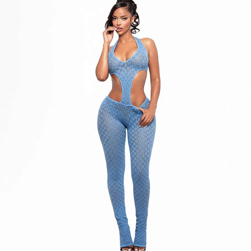 J26Jp067 Foreign Trade European and American Style New Sexy Hot Girl Solid Color See-Through Slim Fit Slimming Knit Deep V Jumpsuit - Image 9