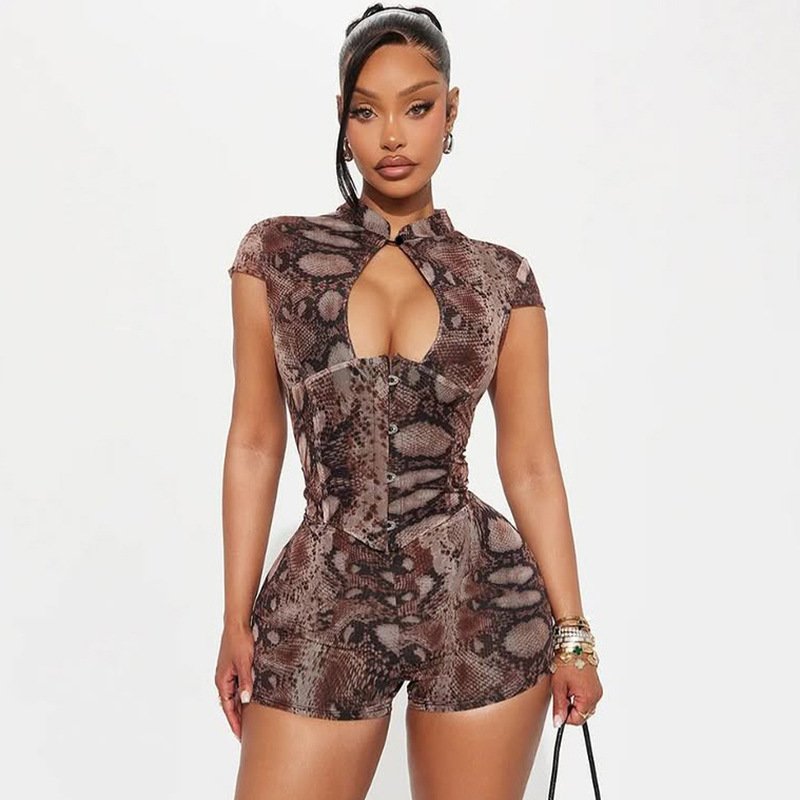 J26Rp251 Sexy Hot Girl European and American Fashion Hot-Selling Printed Sleeveless Slim-Fit Front Cutout Jumpsuit Shorts