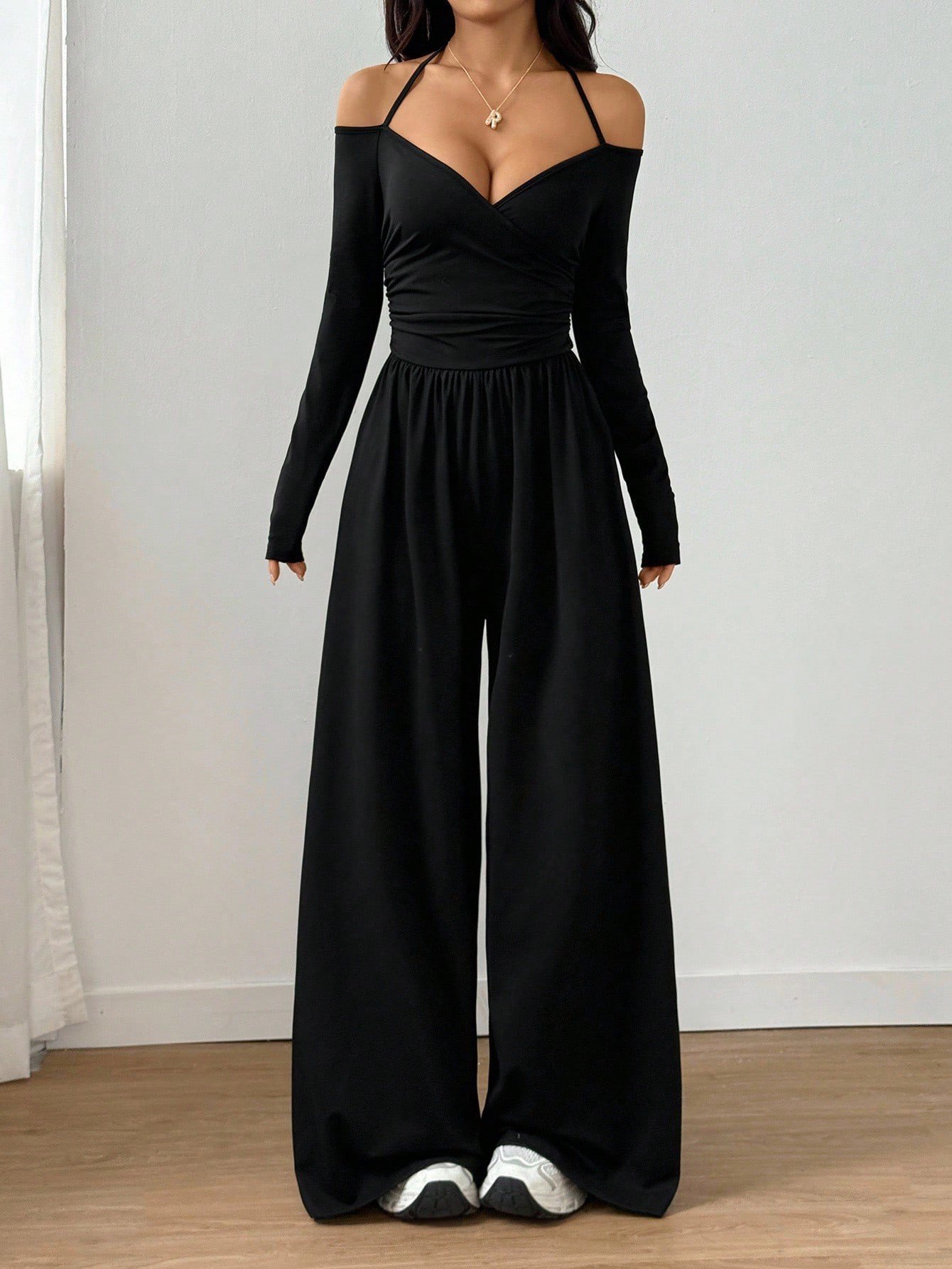 European and American Style Short-Sleeve Cross-Border New V-Neck Tie Long-Sleeve Jumpsuit for Women, Waist-Cinching Wide-Leg Pants, European and American Style Casual - Image 2