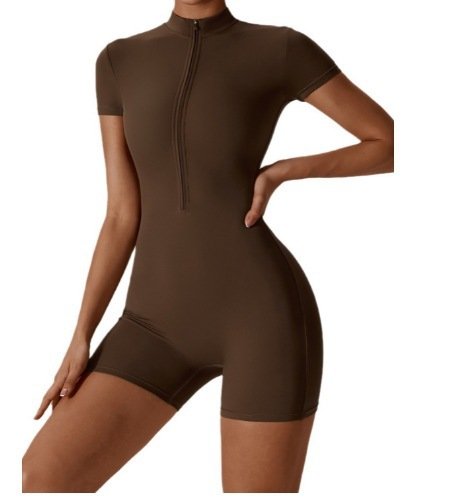 Amazon European and American Summer Zipper Short-Sleeved Yoga Jumpsuit Women's Dance Fitness Tight Sports Jumpsuit - Image 4