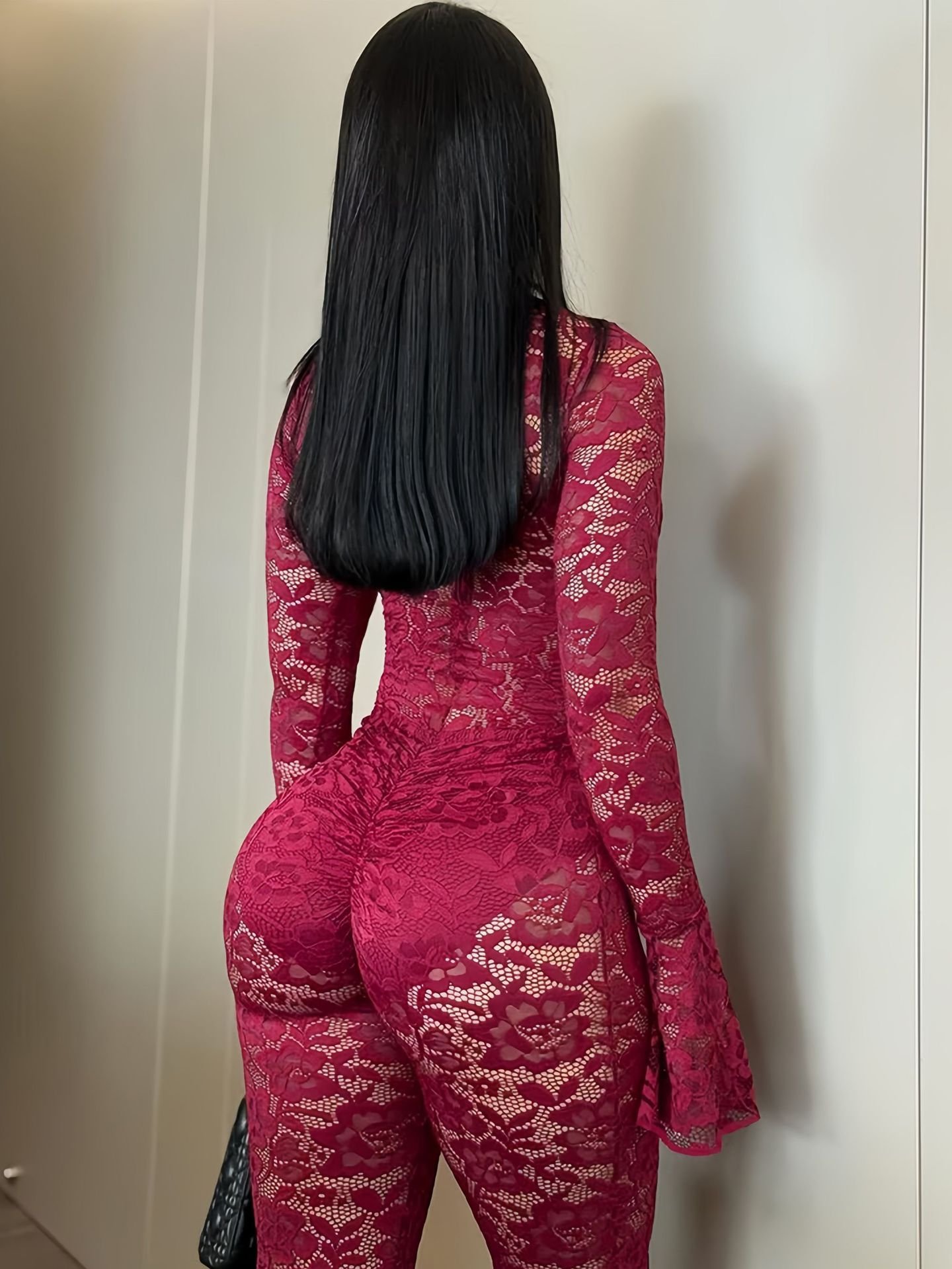 Cross-Border 2025 Sexy Deep V Ring-Tie Bell-Sleeve Tight-Fitting Nightclub Party Jumpsuit Set - Image 5