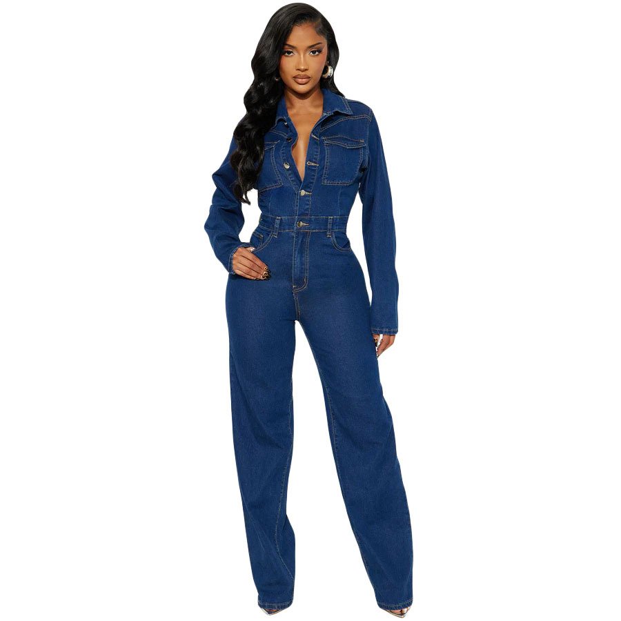 3587 Trade European and American Cross-Border Amazon Slim Stretch Flared Washed Long-Sleeve Denim Jumpsuit - Image 3
