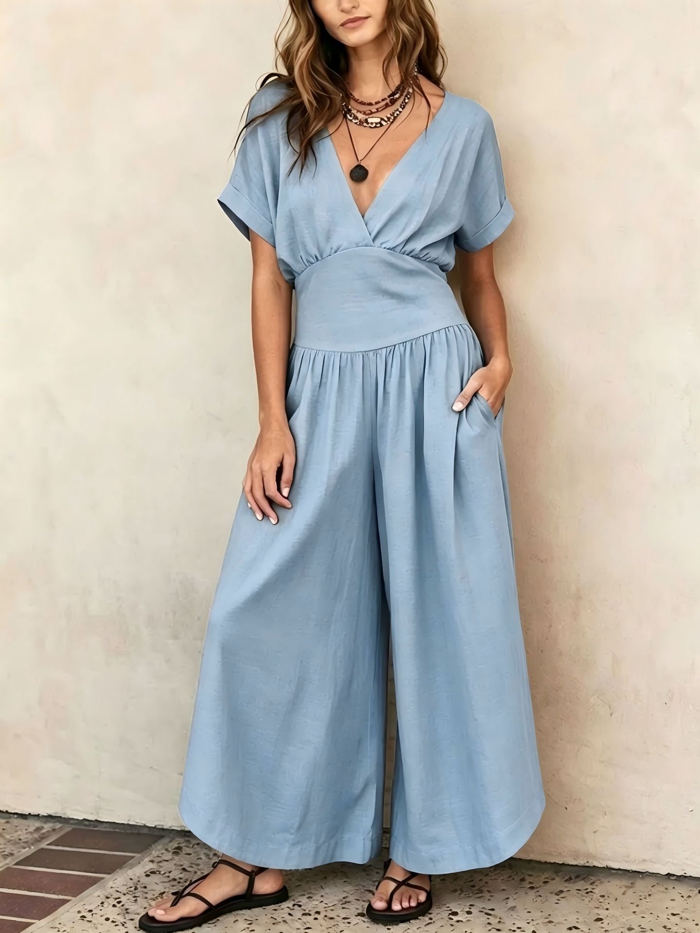 2026 European and American Cross-Border Spring and Summer New Amazon Elegant Waist-Cinching V-Neck Casual Stylish Women's Jumpsuit - Image 4