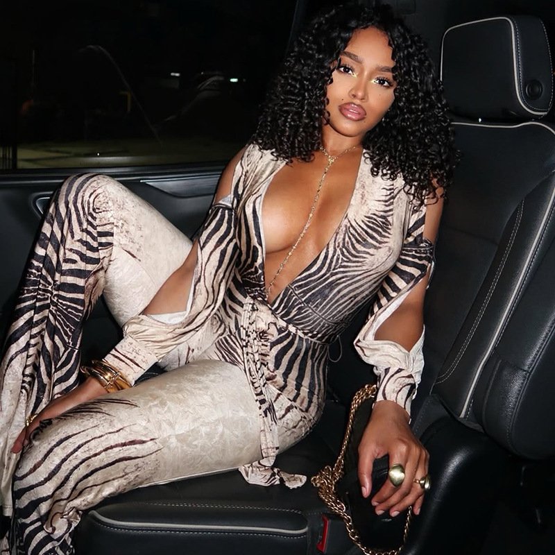 D9991 Amazon European and American Hot-Selling Women's Clothing Sexy Hot Girl Deep V-Neck Off-Shoulder Hollow-Out Long-Sleeve Flared Jumpsuit - Image 3