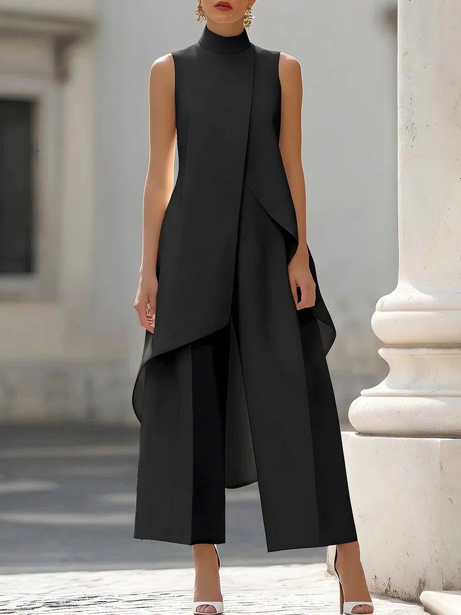 2026 European and American Fashion New Style, Slim-Fit Irregular Design for Work, Elegant High-Neck Sleeveless Faux Two-Piece Jumpsuit - Image 5