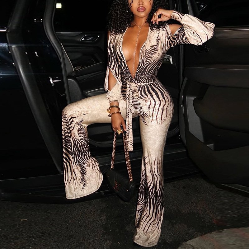 D9991 Amazon European and American Hot-Selling Women's Clothing Sexy Hot Girl Deep V-Neck Off-Shoulder Hollow-Out Long-Sleeve Flared Jumpsuit