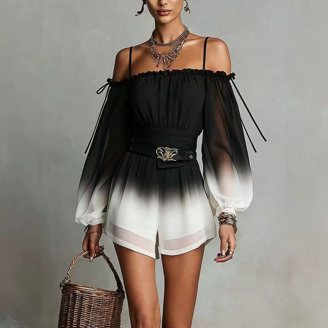 2026 Summer European and American Cross-Border~New Off-Shoulder Gradient Jumpsuit with Sexy Tie-Waist Fashionable Shorts with Belt