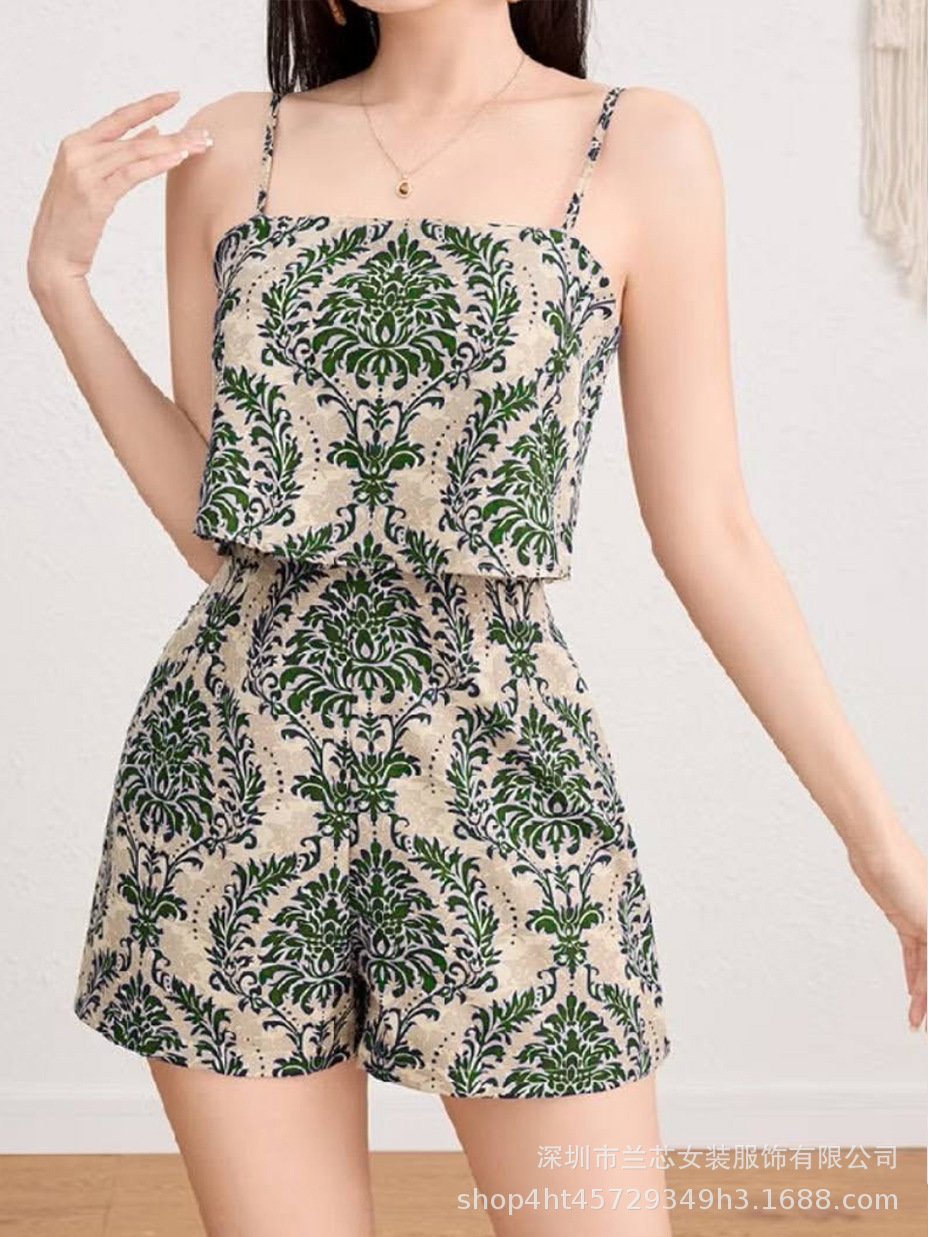 【Standard Code】Vintage Ethnic Style Printed Fake Two-Piece Suspender Jumpsuit Shorts Women's Summer Wide-Leg Pants - Image 5