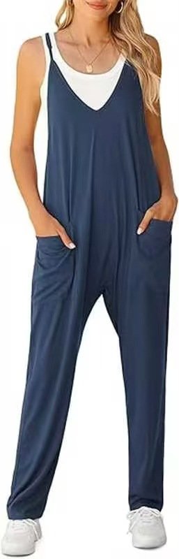 European and American Cross-Border Solid Color Casual Pocket Jumpsuit New Amazon Women's Sleeveless Strap Jumpsuit - Image 3