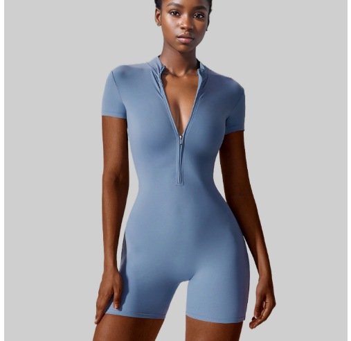 Amazon European and American Summer Zipper Short-Sleeved Yoga Jumpsuit Women's Dance Fitness Tight Sports Jumpsuit - Image 3